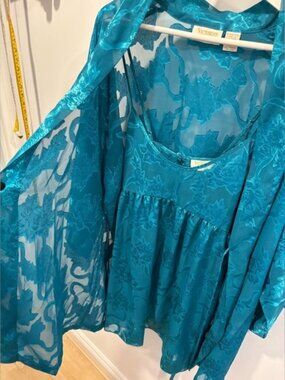 Vintage Victoria's Secret Gold Label Teal Floral Jacquard Robe & Cami Set, Small